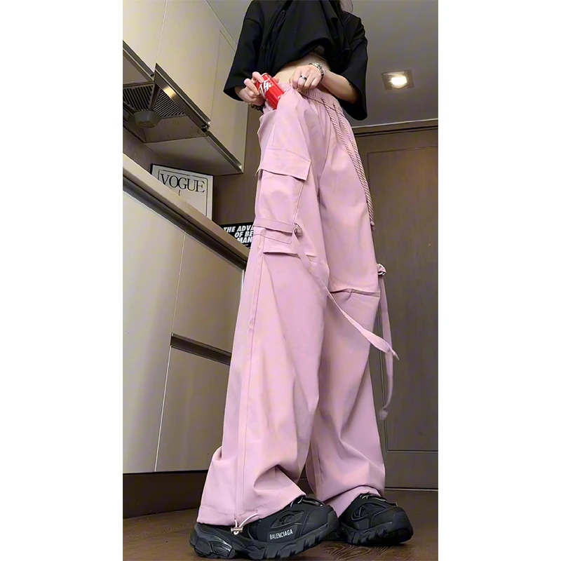 粉色工装裤男女可穿夏季美式高腰显瘦阔腿时尚宽松直筒拖地长裤子