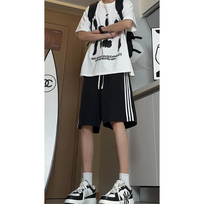 美式多巴胺冰丝短裤女夏季潮流薄款速干条纹裤子宽松户外五分马裤