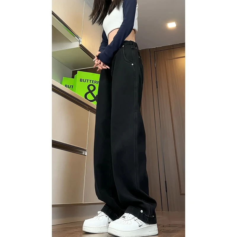 美式复古铆钉直筒牛仔裤女春季高街vibe黑色显瘦直筒阔腿微喇长裤