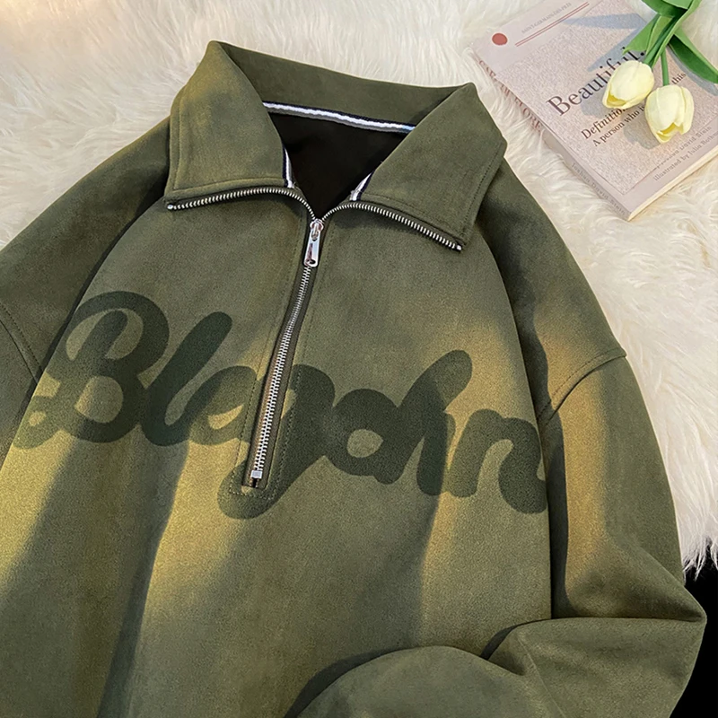 绿色卫衣女美式复古半拉链polo领上衣设计感小众微胖女生正肩外套