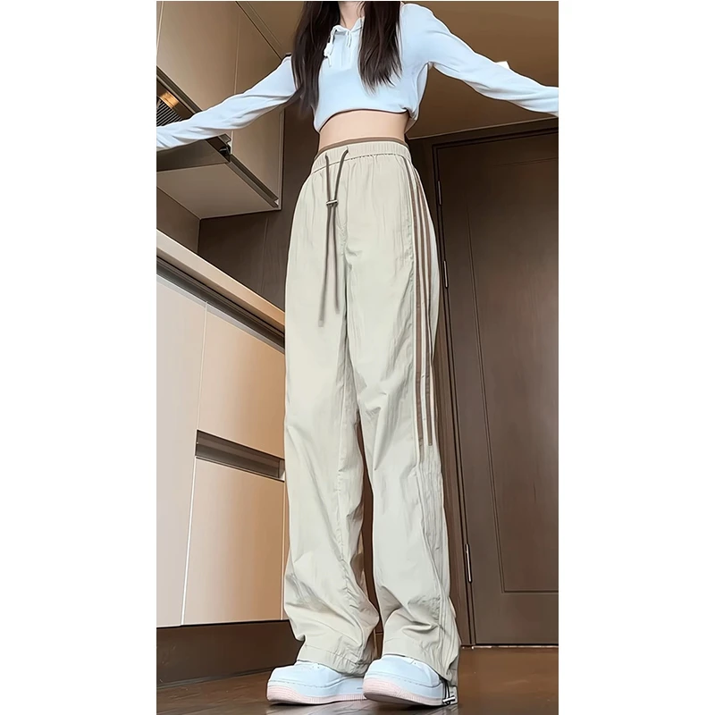 美式冲锋条纹休闲裤女款秋季宽松速干运动工装裤直筒显瘦伞兵裤子