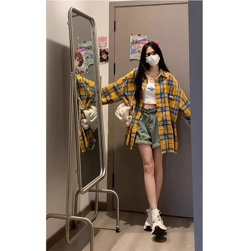 港风黄色格子衬衫女款春秋潮牌复古vintage长袖衬衣cleanfit外套
