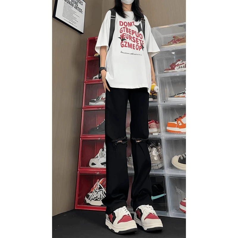 美式黑色水洗破洞牛仔裤女款夏季薄款vibe高街宽松显瘦百搭直筒裤