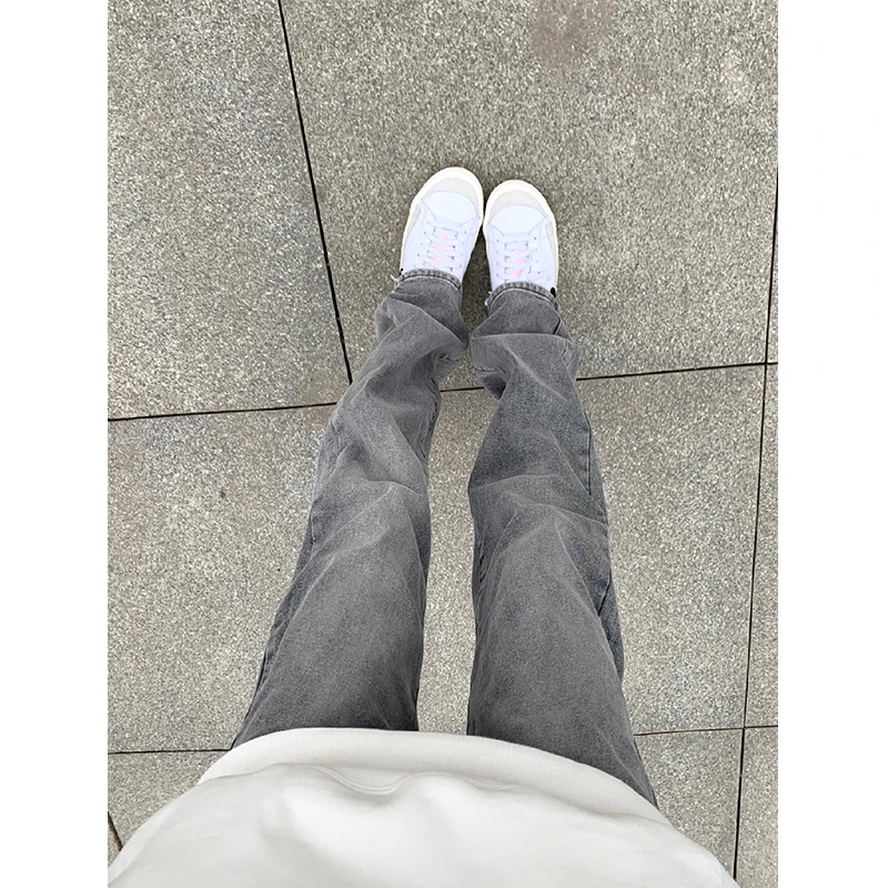 美式复古烟灰色牛仔裤女春季宽松高腰显瘦宽松直筒拖地微喇长裤子