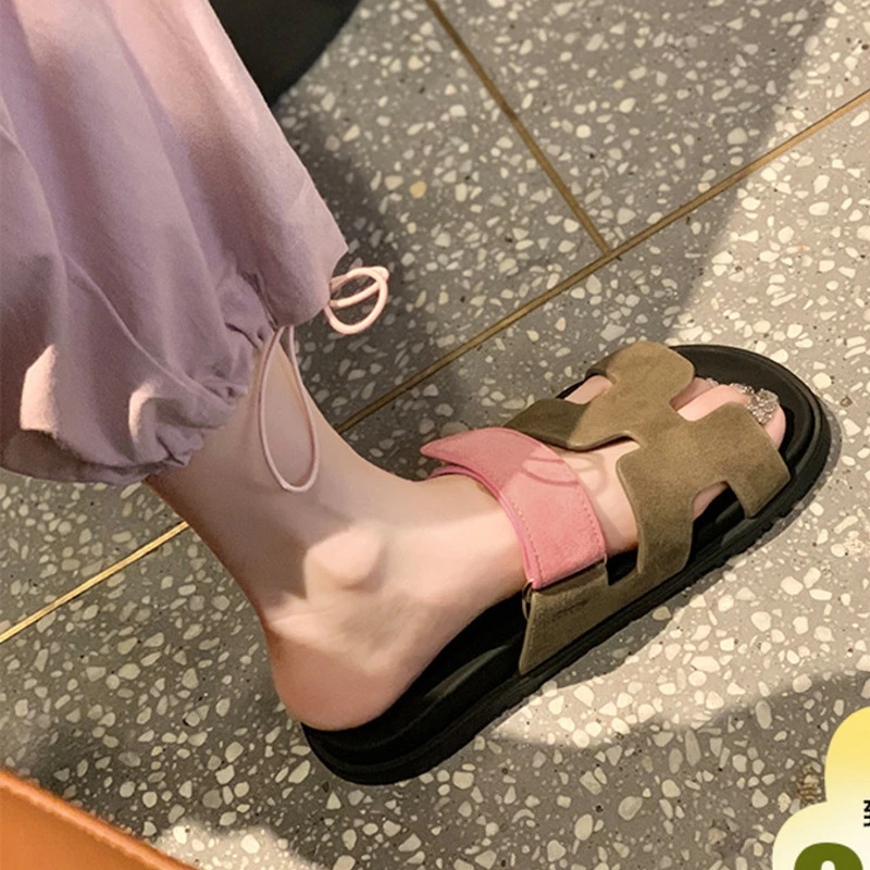 2025夏季新款二舅拖鞋沙滩女外穿真皮时尚厚底松糕魔术贴凉拖鞋