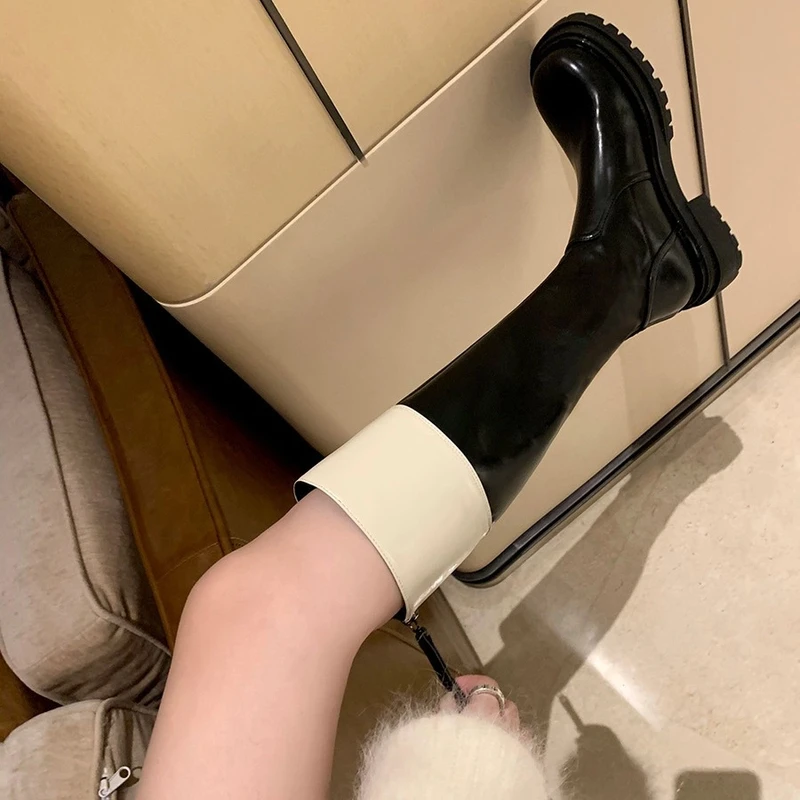 加绒不过膝长筒靴女黑白拼色骑士靴厚底粗跟长靴后拉链高筒靴