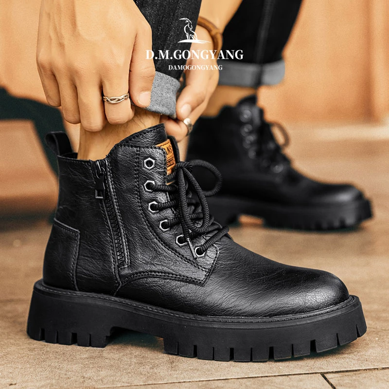 马丁靴男大头皮鞋冬季潮流厚底高帮增高保暖靴男士工装机车皮靴子