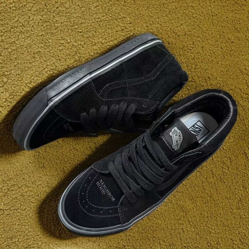 【高品质纯牛皮】【自主品牌】纯黑色中帮男女休闲鞋复古板鞋