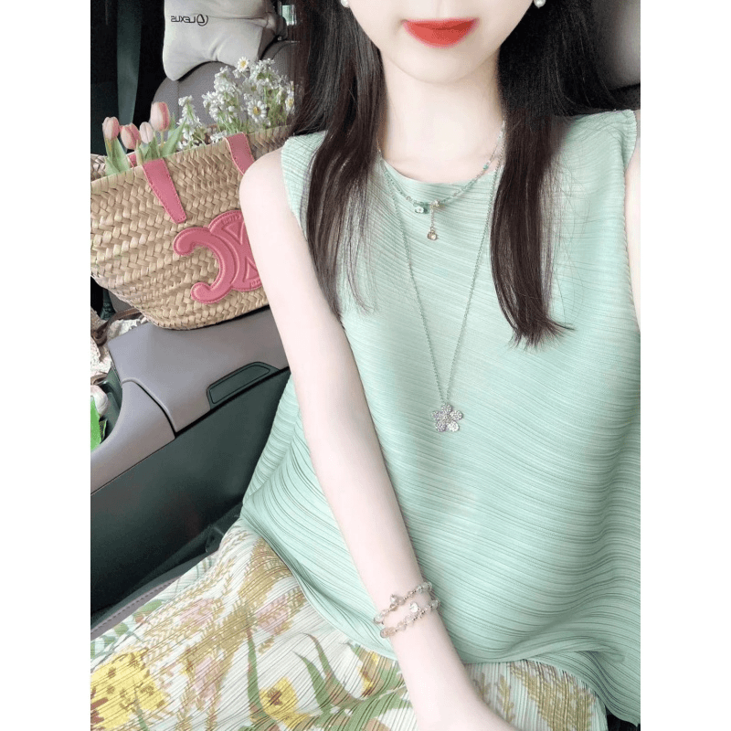 薄荷绿气质无袖背心T恤女夏季宽松休闲不规则小众圆领百搭上衣-苏