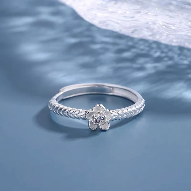 足银戒指 足银玫瑰花麦穗开口戒指女纯银可调节花朵指环女款尾戒