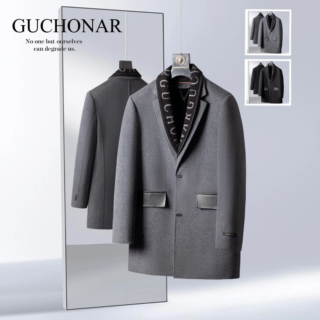 思鹏KIM冬季兔毛白鹅绒内胆可拆卸保暖男士双面羊毛呢休闲装大衣