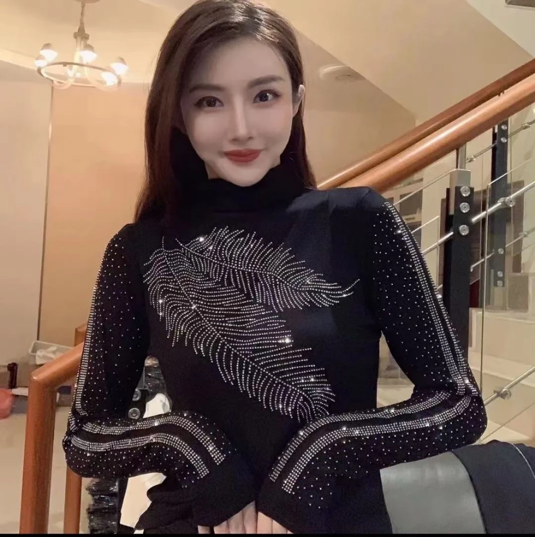 2023厚款秋季新款修身显瘦重工烫钻羽毛长袖洋气上衣打底衫女