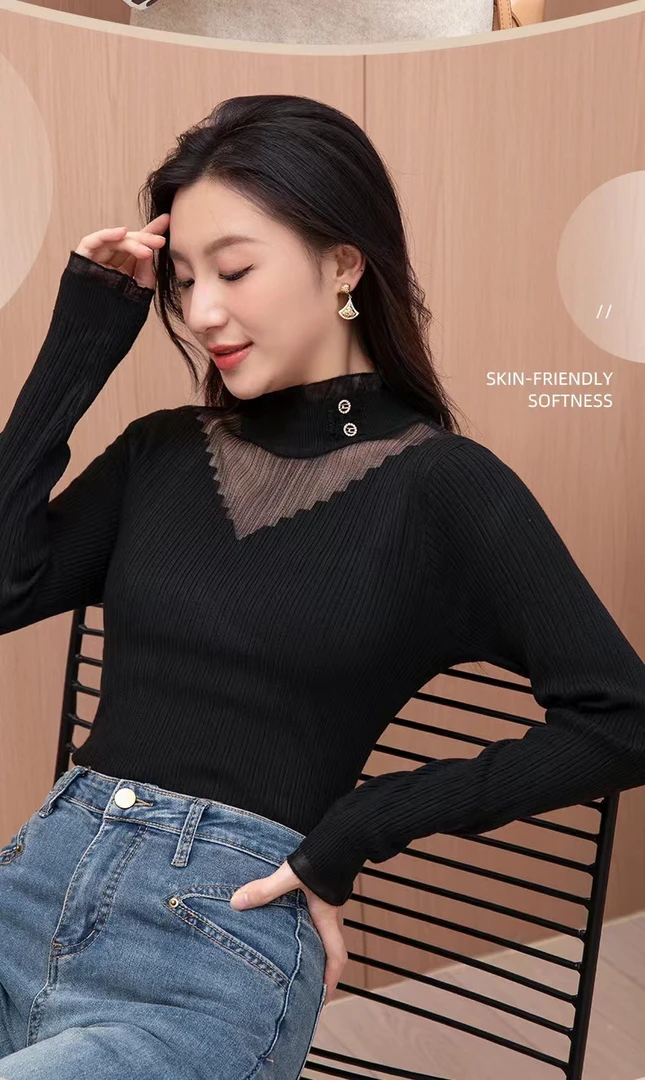 秋冬新款修身蕾丝针织衫内搭上衣洋气打底衫