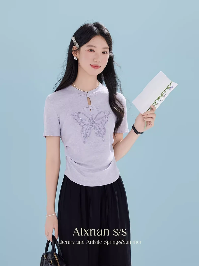 鹿向南「紫韵蔓延」设计感短袖t恤女夏季显瘦别致上衣L38067