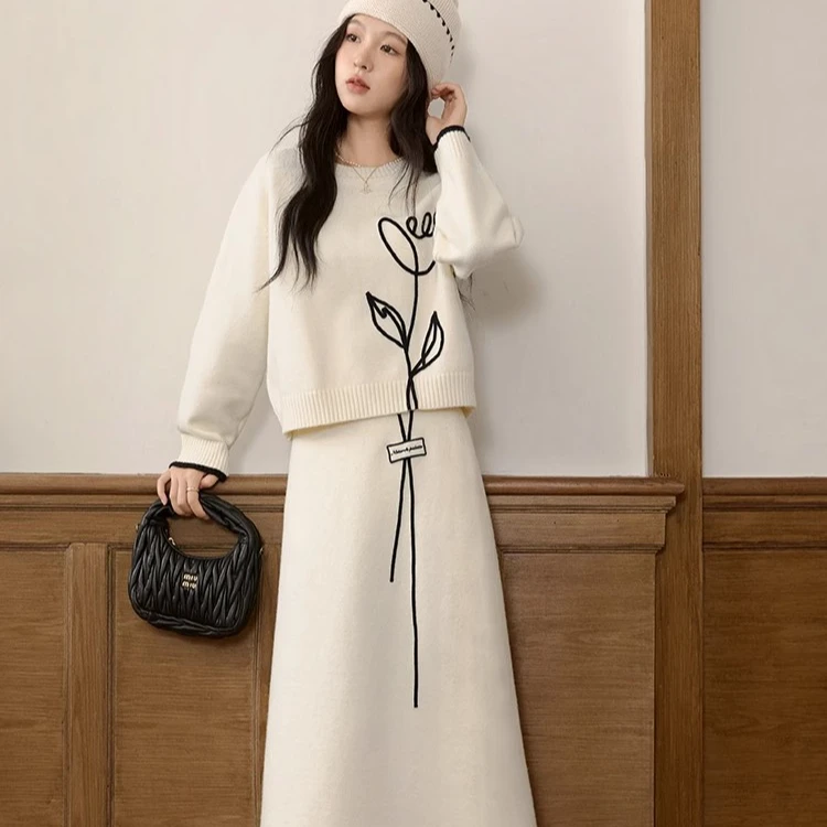 鹿向南「花园早茶」气质时尚套装女2024秋冬毛衣半身裙两件套L50912