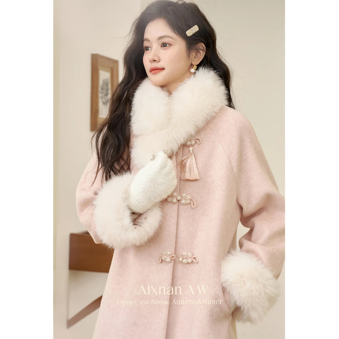 鹿向南「暮亭雪」粉色新中式毛呢大衣单面呢外套2024秋冬L50902