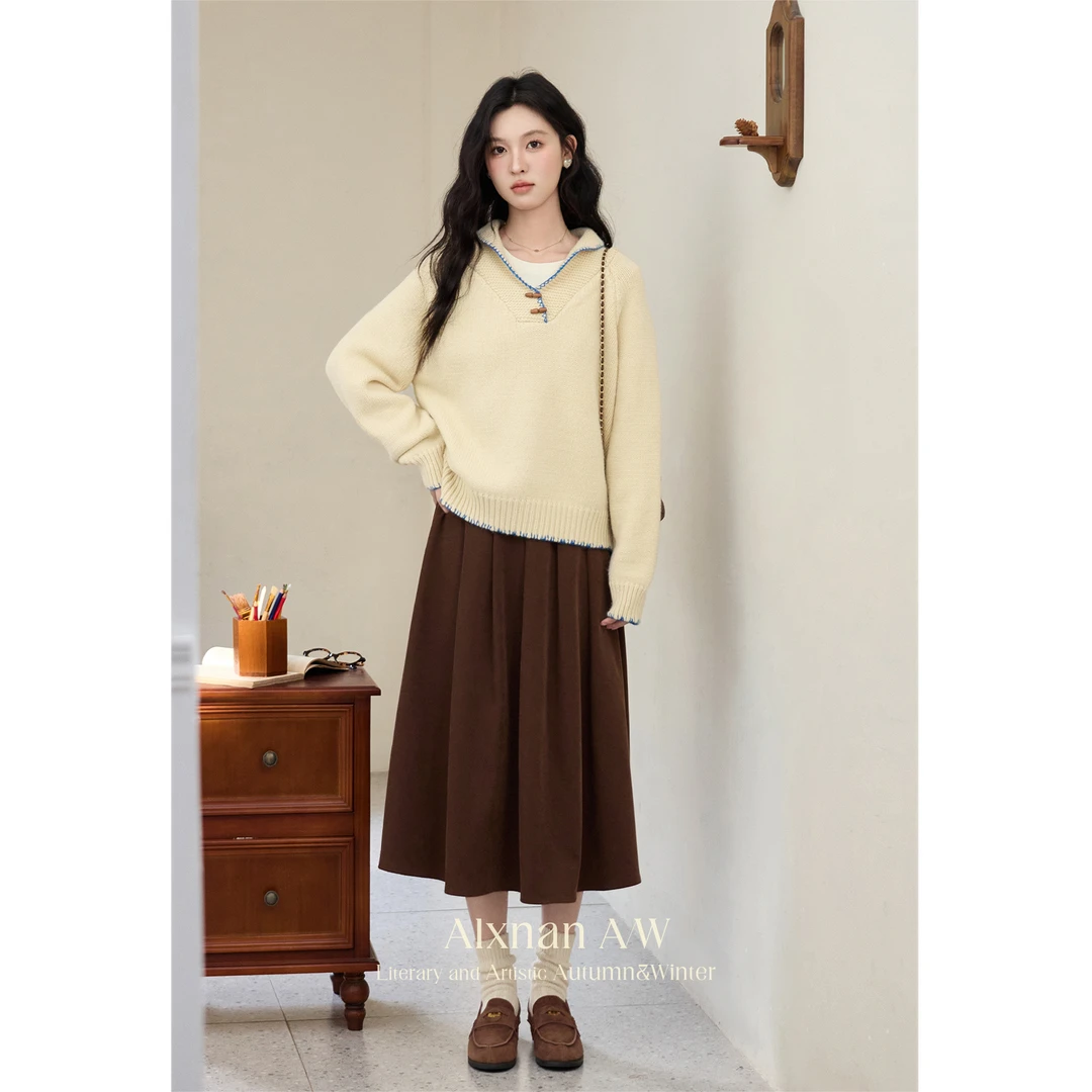 鹿向南「软糯布丁」设计感V领针织毛衣女冬季新款保暖上衣L51908