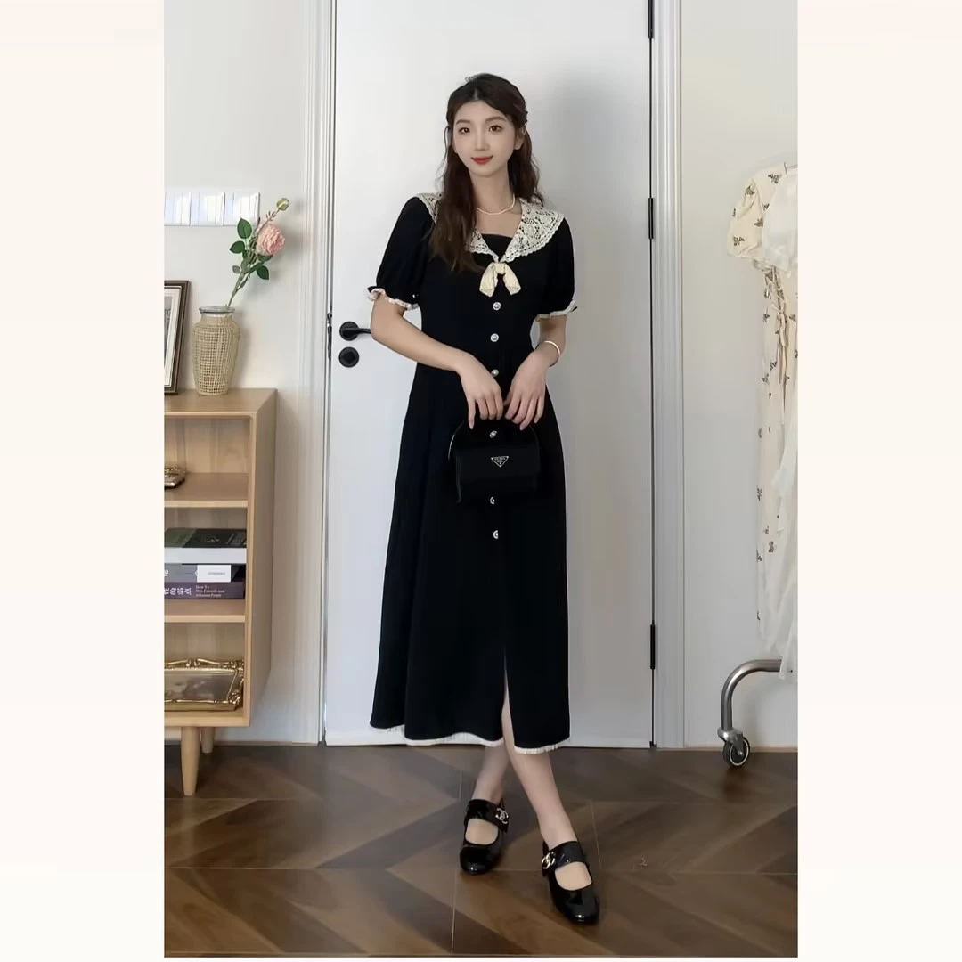 Q鹿向南《少女百利甜》学院风中长款连衣裙海军领裙子显瘦LXN26102