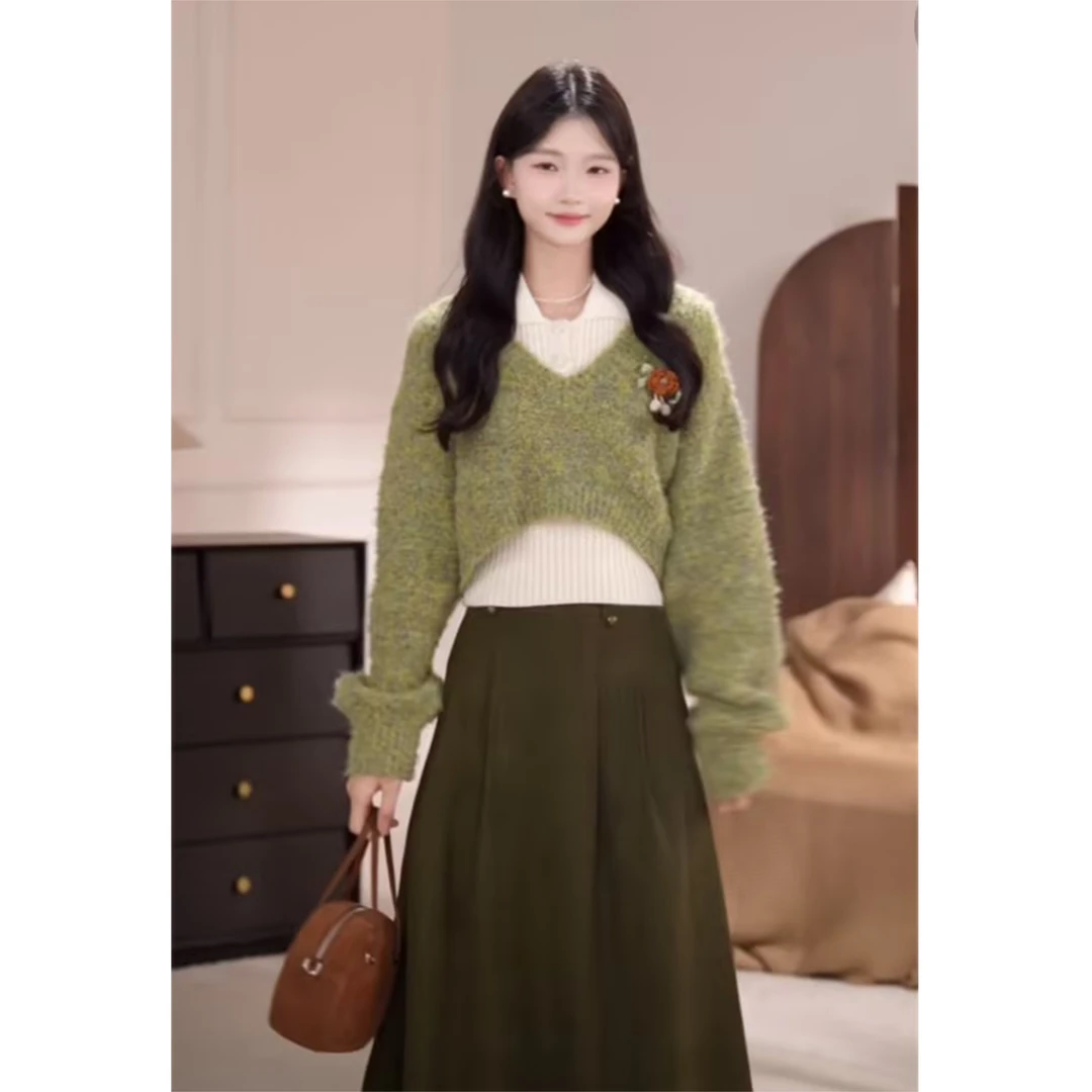 鹿向南原创「茶话会」慵懒日杂感女秋冬真两件绿色毛衣DYL661321TZ