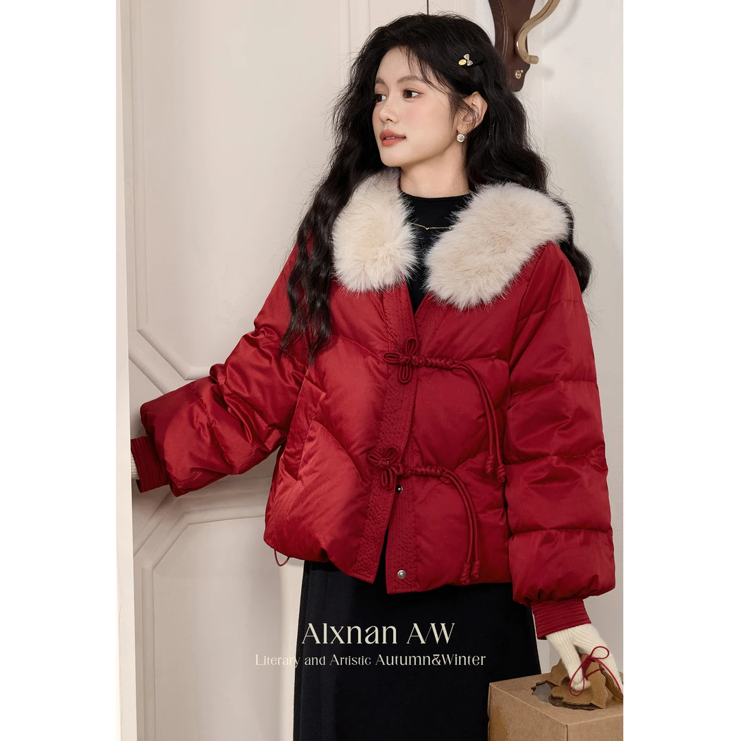 鹿向南「如梦令」加厚保暖红色短款羽绒服2024冬季新款L51726宽松