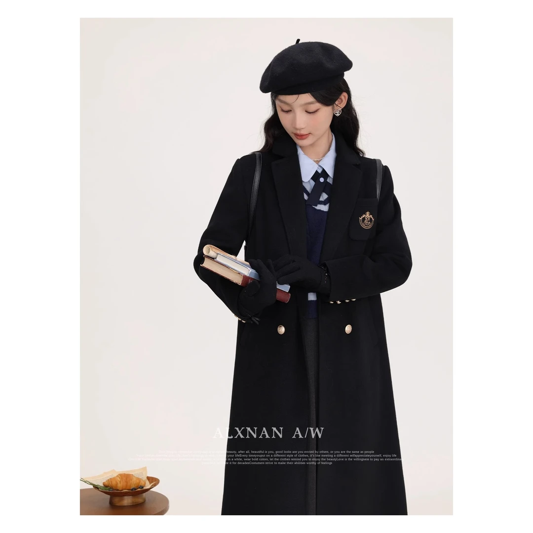 鹿向南《夜与法兰西》热力感黑色气质双排扣秋冬毛呢外套女LXN31906