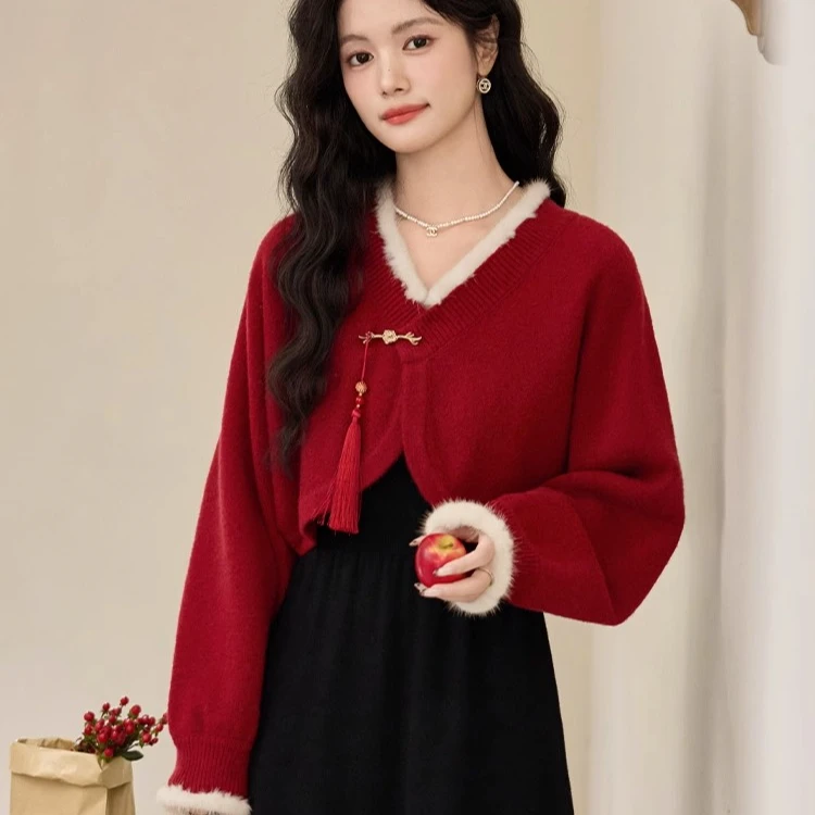 鹿向南「朱砂痣」红色冬季新中式针织毛衣长袖连衣裙真两件L52208