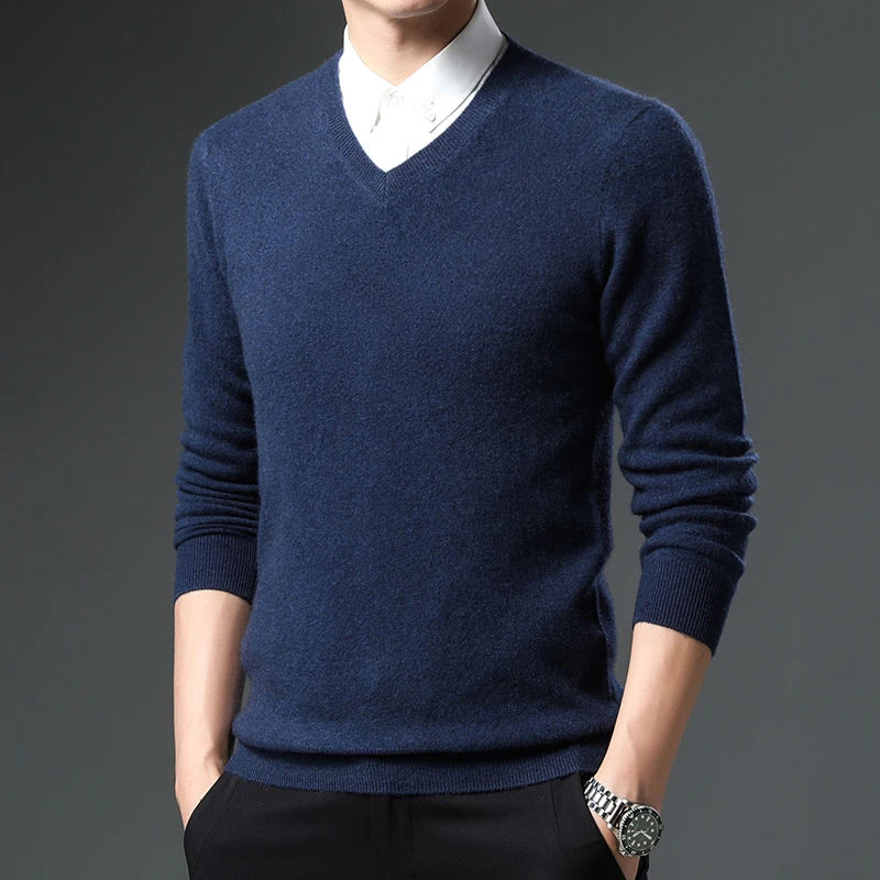 轻奢100%纯山羊绒男士羊绒衫V领轻便保暖长袖冬季百搭休闲纯色