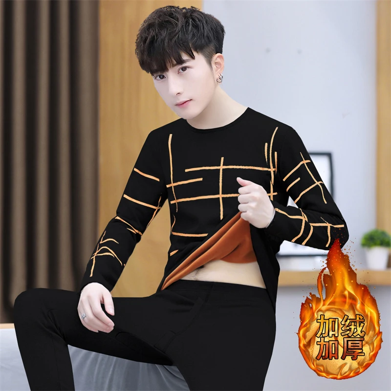 男士保暖内衣加绒加厚套装秋冬季圆领打底衫青年御寒秋衣秋裤一套