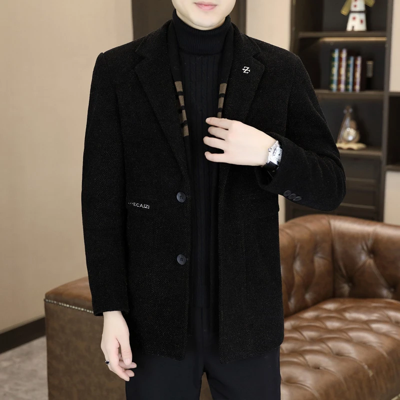 秋冬季新款高档呢夹克加棉加厚保暖休闲修身百搭中长款外套男潮