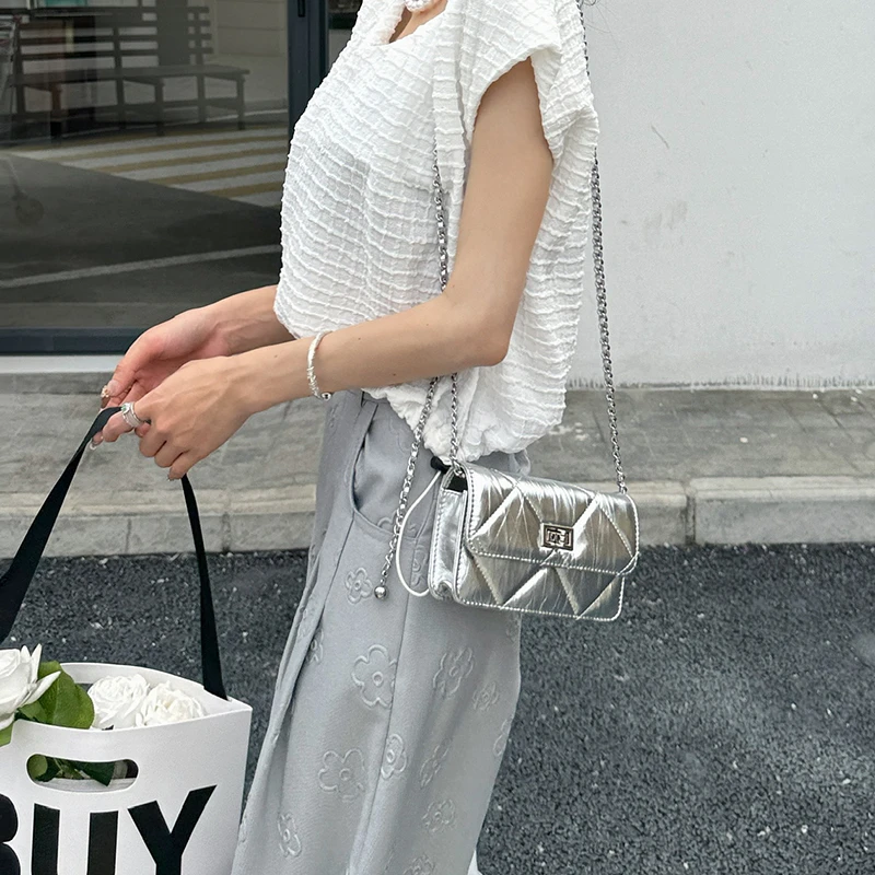 2024夏季新款潮流链条斜跨包真皮菱格纹小包包小众时尚百搭气质