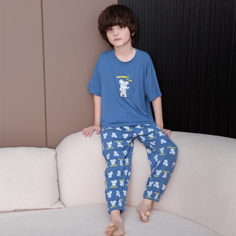 莫代尔男童睡衣套装夏季薄款儿童短袖长裤家居服男孩子空调服新款
