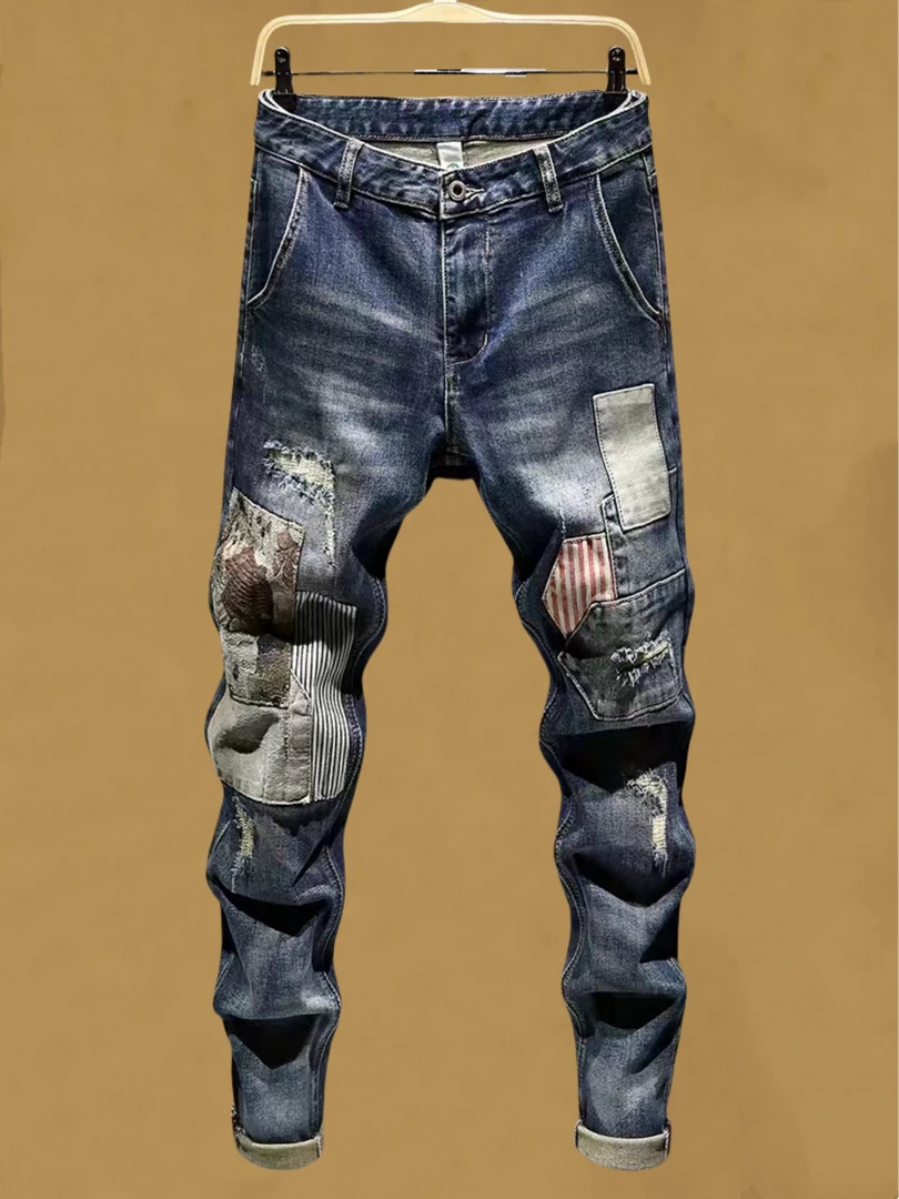 秋季痞帅男裤子潮流拼接撞色补丁长裤牛仔裤男款破洞修身小脚裤