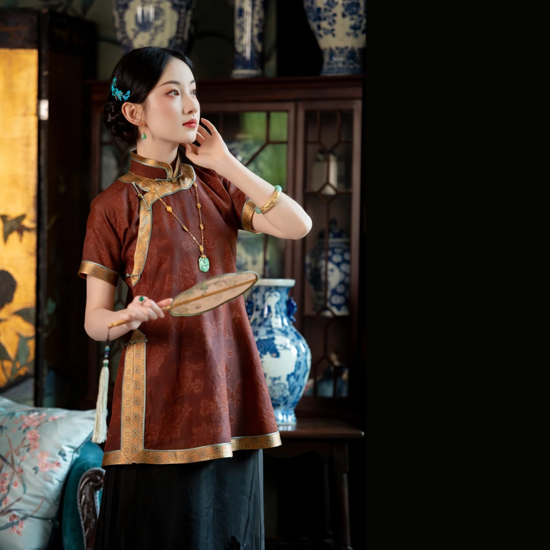 绮罗秋颜丨一城风絮秋款丨真丝红云纱复古民国风中式短袖上衣小衫