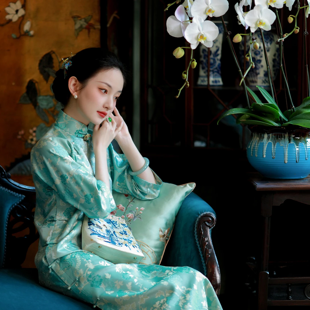 锦瑟烟罗丨一城风絮丨春夏蓝绿色真丝异色罗中式国风复古立领旗袍
