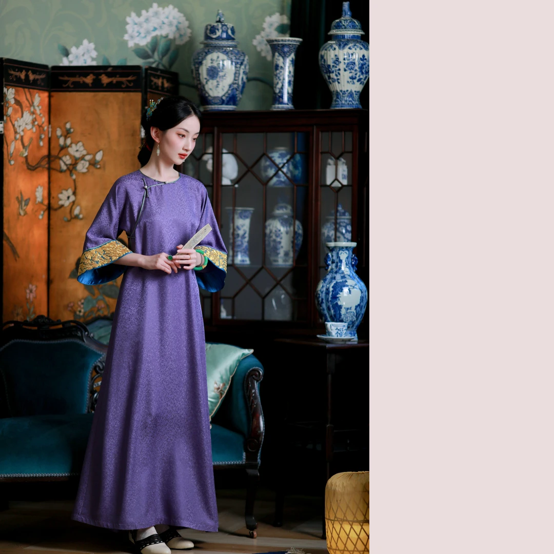 紫玉沉箫丨2024夏季新款丨紫色桑波缎中式盘金绣无领盘扣A摆旗袍