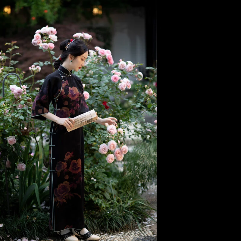 紫云幽艳丨夏季新款丨小重缎香云纱复古民国风倒大袖旗袍