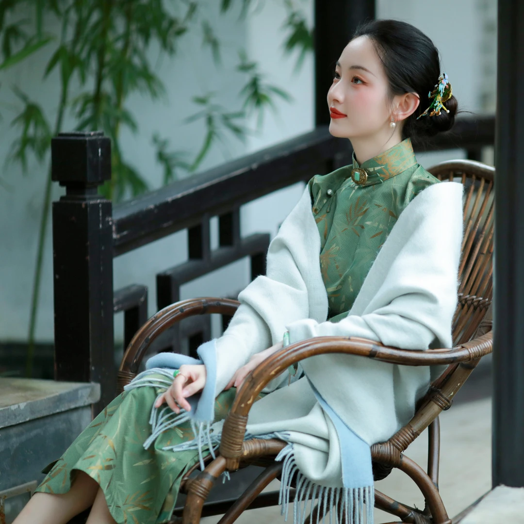 竹烟暮雨丨一城风絮丨春夏真丝非遗宋锦中式国风复古立领古法旗袍