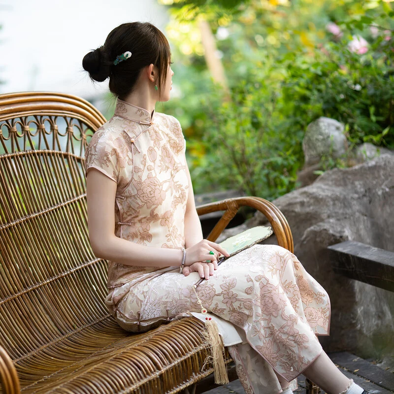 粉霞映玉丨夏季新款丨民国风烂花绒连肩短袖旗袍气质优雅