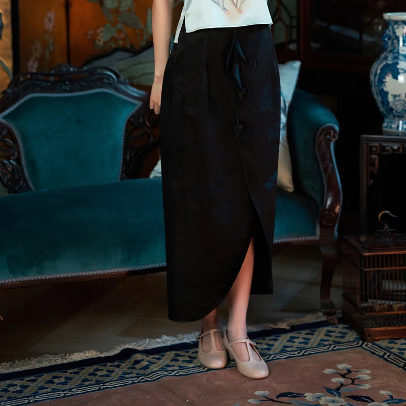 松烟引墨丨夏款红云纱提花复古半身裙日常百搭半裙