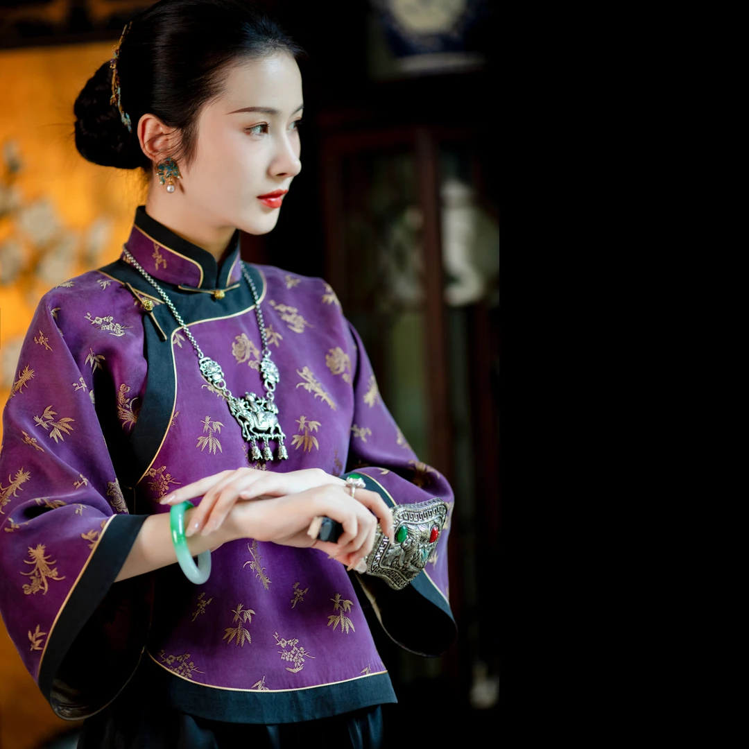 兰君佳意丨一城风絮秋款丨提花交织香云纱民国风倒大袖袄裙上衣装