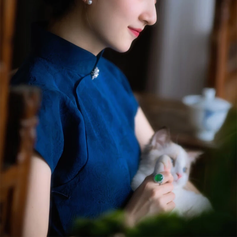 青黛间丨复古香云纱民国风短袖收腰旗袍日常时尚女全开襟旗袍