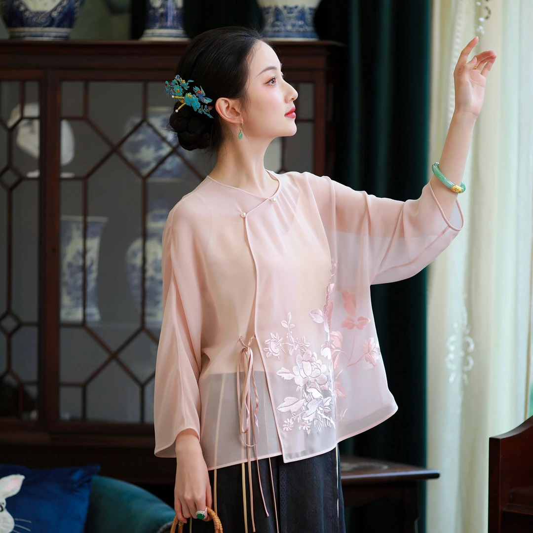 浣花影丨2024夏季新款丨新中式薄纱上衣年轻日常绣花禅意国风小衫