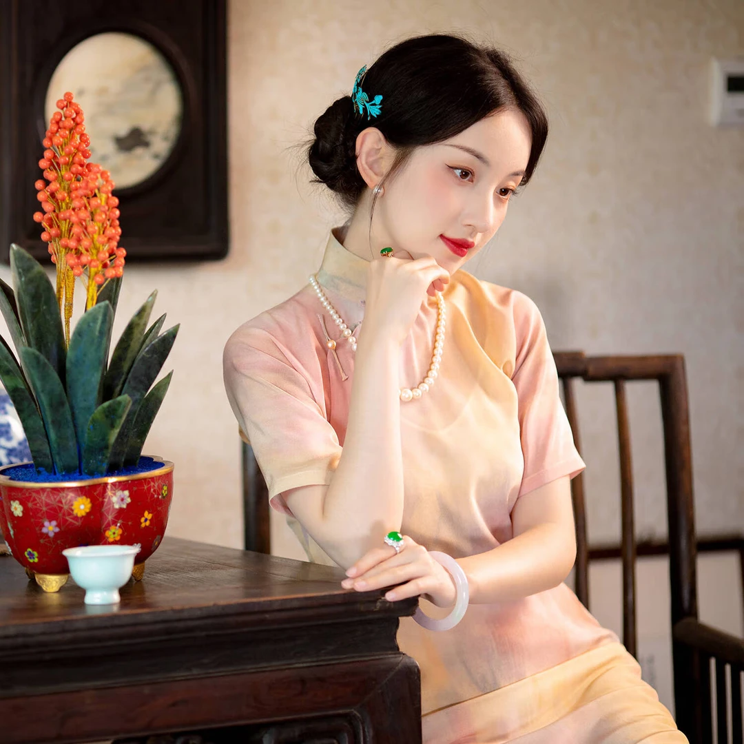 彩月朝霞丨夏季新款丨双绉印花日常清新短袖民国学生旗袍