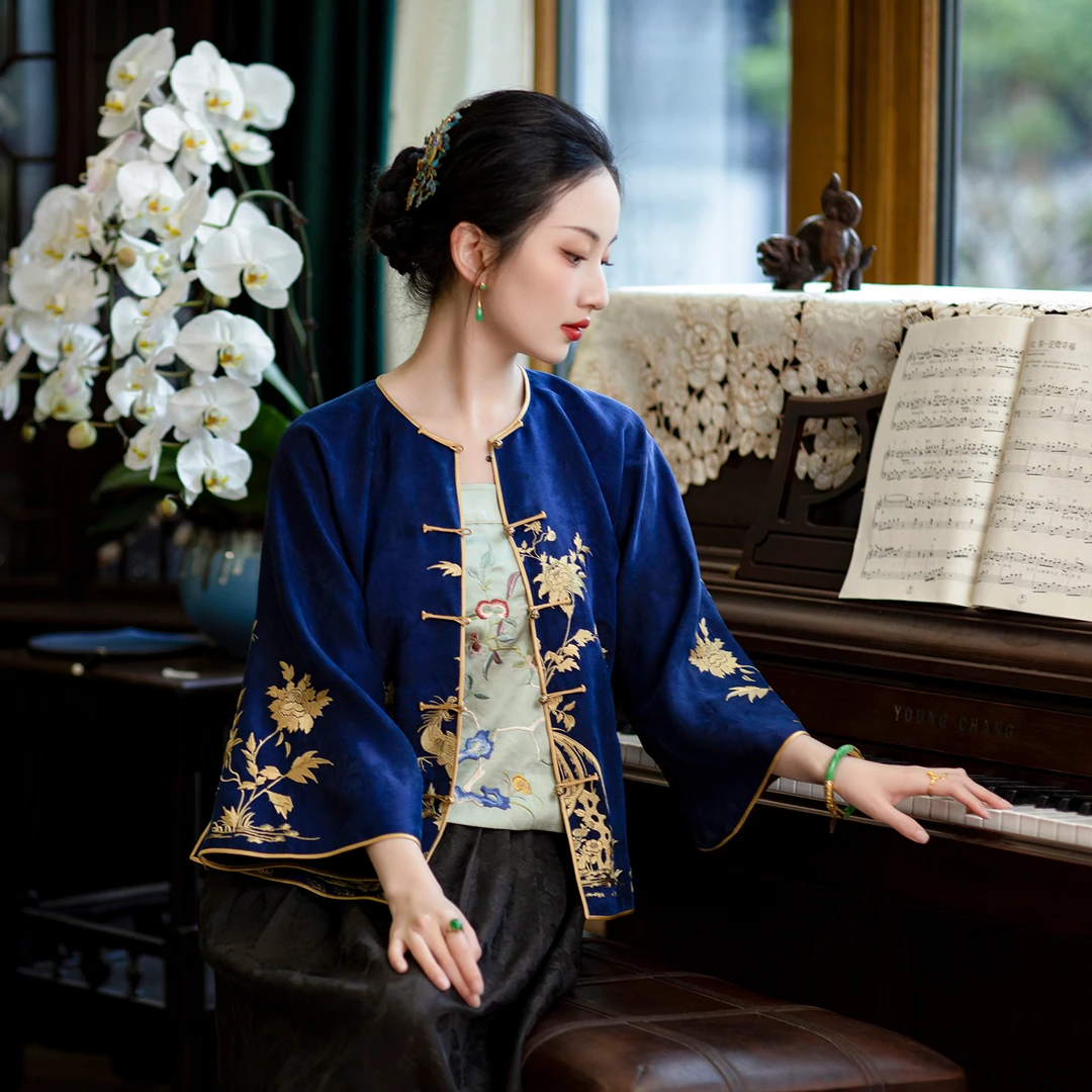 鸾羽金屏丨2024夏季新款丨真丝复古对襟盘扣倒大袖绣花中式上衣女