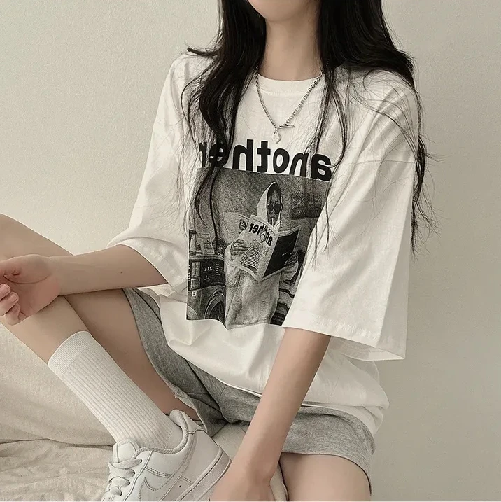 T恤女100%纯棉高品质短袖夏季五分袖图案韩版宽松小众oversize3色