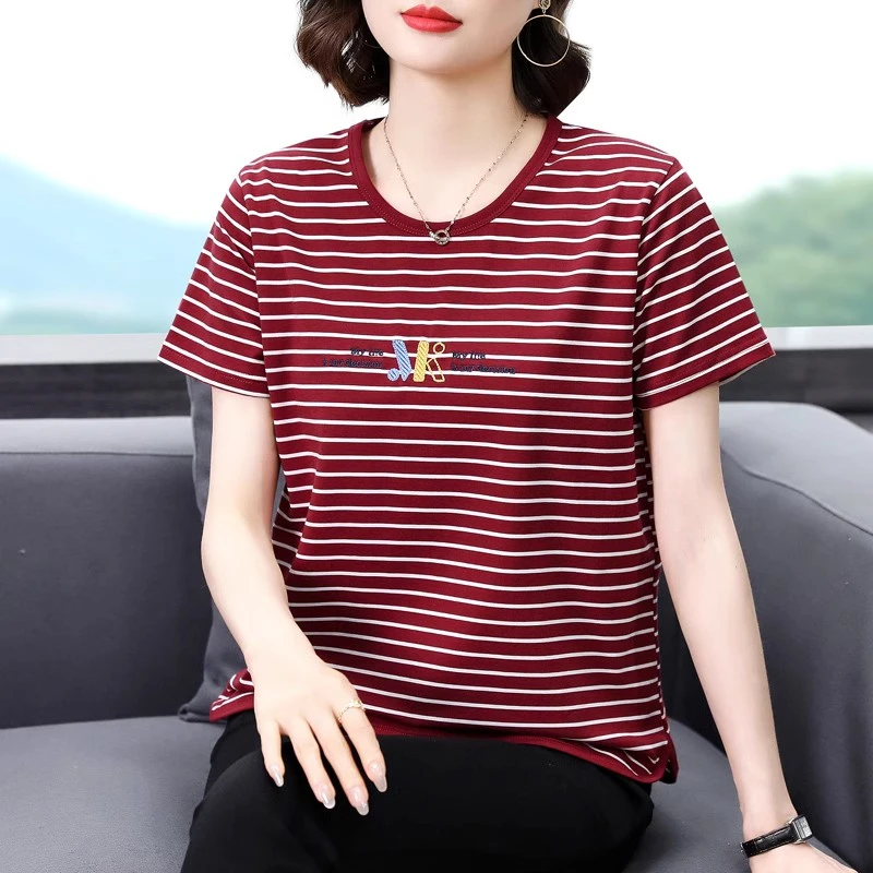 新款短袖T恤女妈妈装圆领条纹夏季百搭中年显瘦宽松大码遮肚上衣