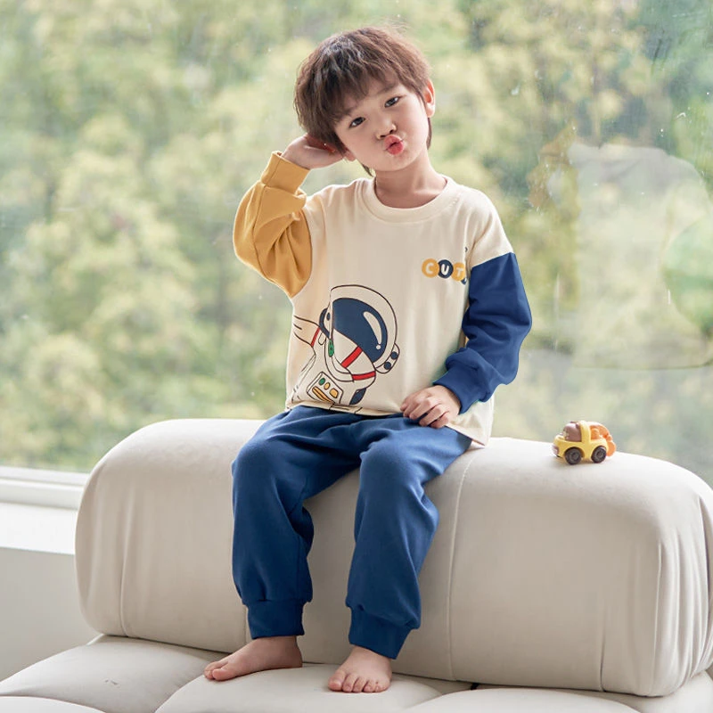 2023棉加厚男童套装卡通宇航员长袖长裤小童男孩家居服秋冬儿童