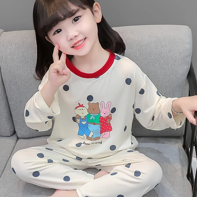 儿童春秋睡衣莫代尔家居服套装小女孩圆点防着凉夏季女童空调服