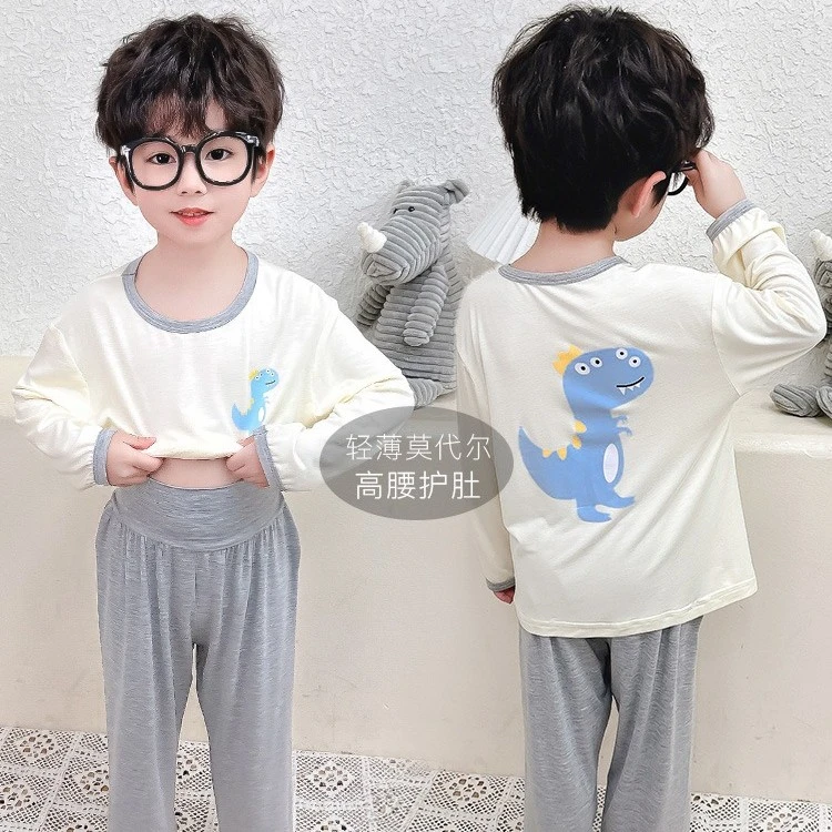 2024莫代尔男童男宝家居服睡衣套装高腰护肚薄款长袖空调服夏款