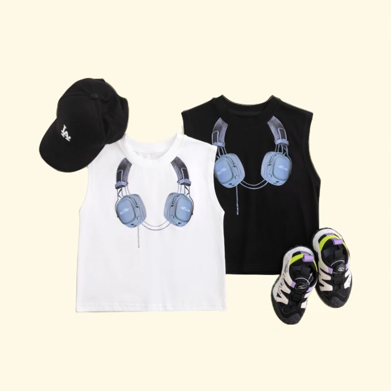 2024儿童棉夏季新款简约潮流休闲百搭耳机印花儿童背心舒适柔软